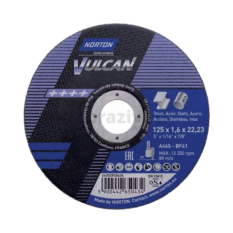 Отрезной диск Norton Vulcan 125x1.6x22.23 A46S BF41, 80 м/с, по металлу и нержавеющей стали, 66252925434