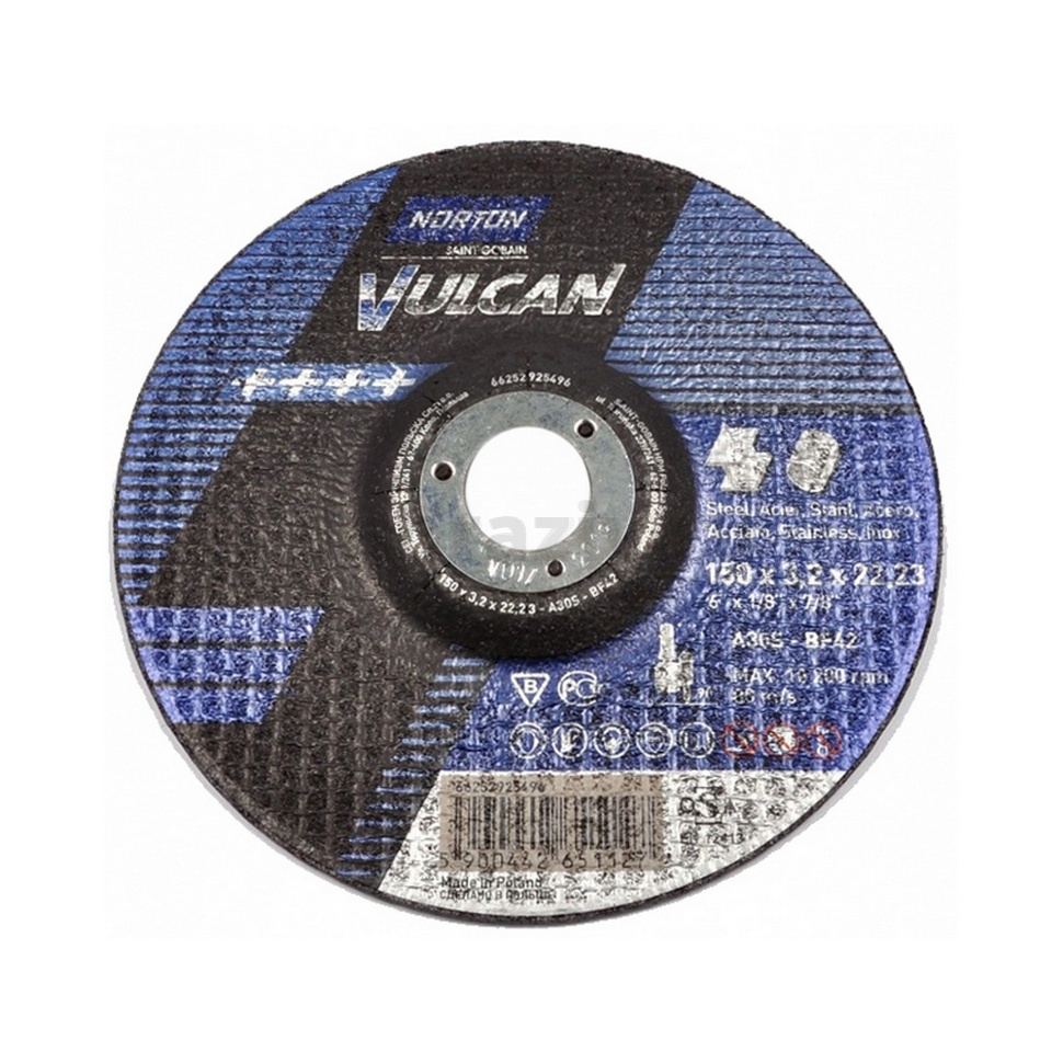 Отрезной диск Norton Vulcan 150x3.2x22.23 A30S BF42, 80 м/с, по металлу и нержавеющей стали, 66252925496