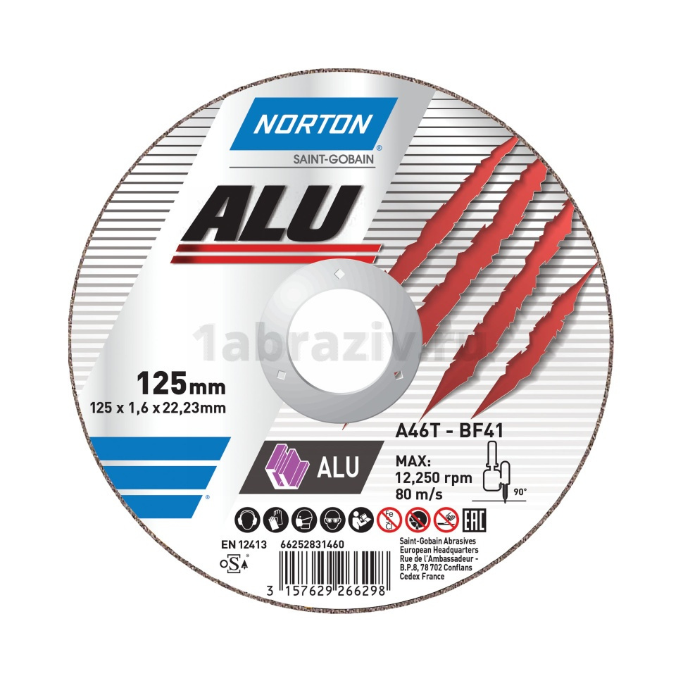 Отрезной диск Norton Alu / Aluminium 115x1.6x22.23, 80 м/с, по алюминию, 66252828233
