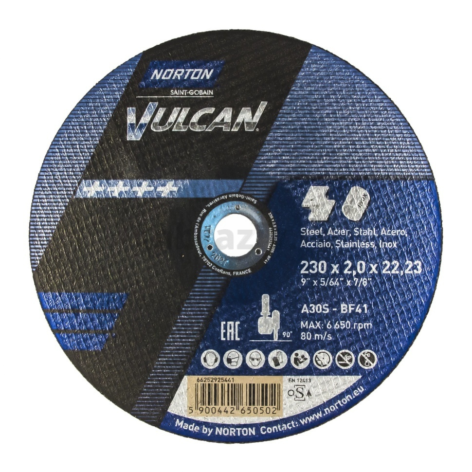 Отрезной диск Norton Vulcan 230x2.0x22.23 A30S, 80 м/с, по металлу и нержавеющей стали, 66252925441