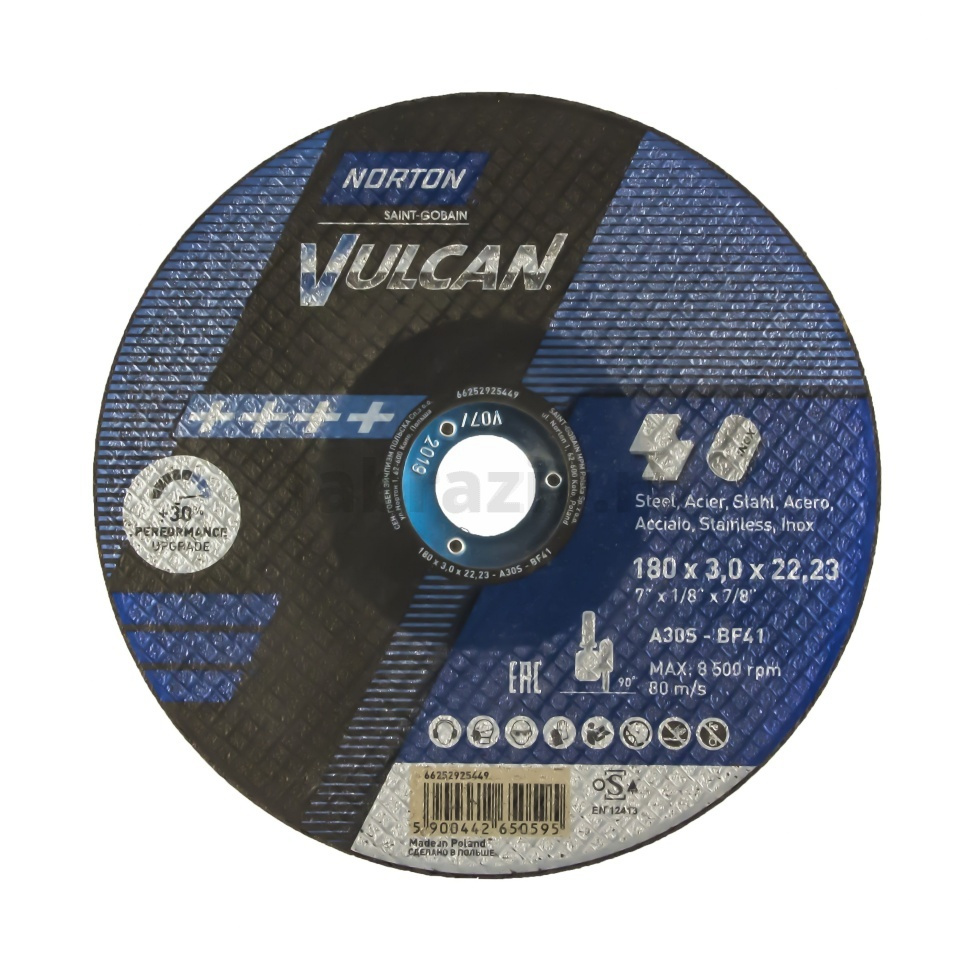 Отрезной диск Norton Vulcan 180x3.0x22.23, 80 м/с, по металлу и нержавеющей стали, 66252925449