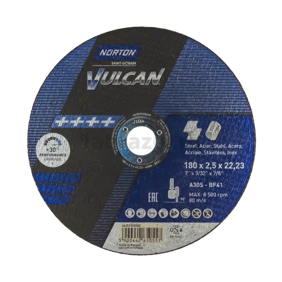 Отрезной диск Norton Vulcan 180x2.5x22.23 A30S BF41, 80 м/с, по металлу и нержавеющей стали, 66252925445