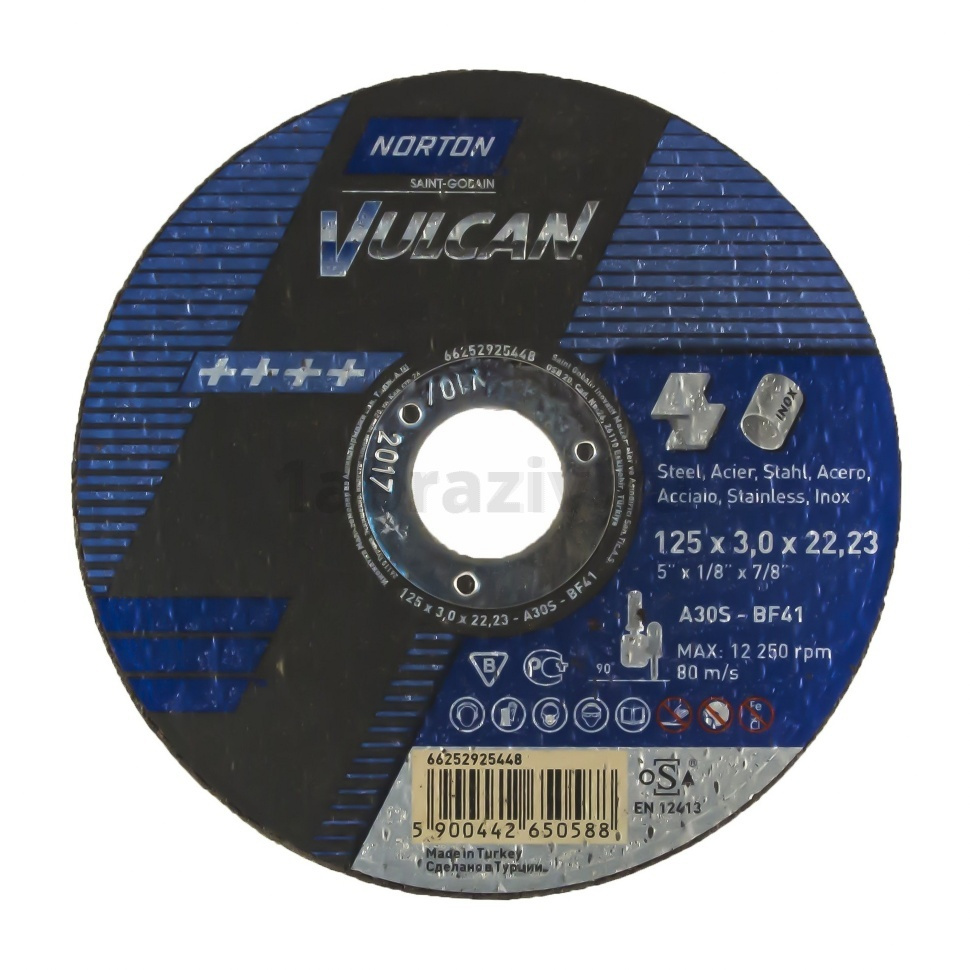 Отрезной диск Norton Vulcan 125x3.0x22.23, 80 м/с, по металлу и нержавеющей стали, 66252925448