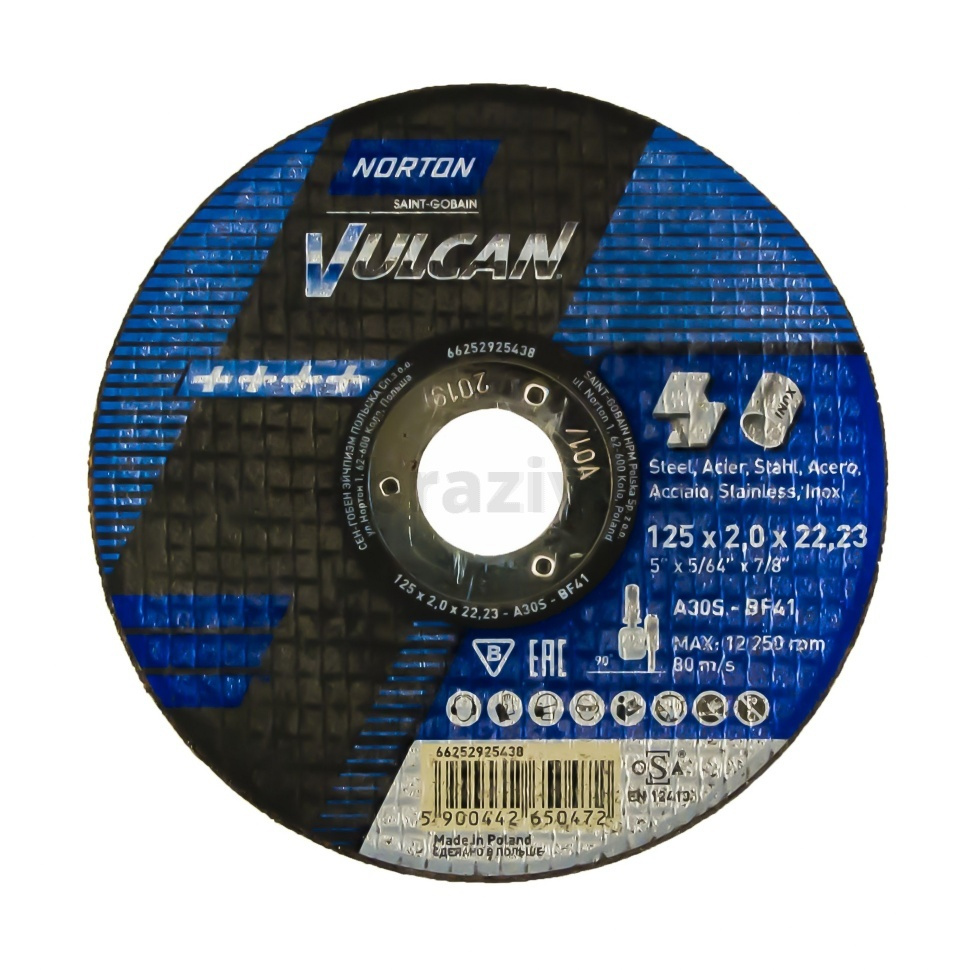 Отрезной диск Norton Vulcan 125x2.0x22.23, 80 м/с, по металлу и нержавеющей стали, 66252925438