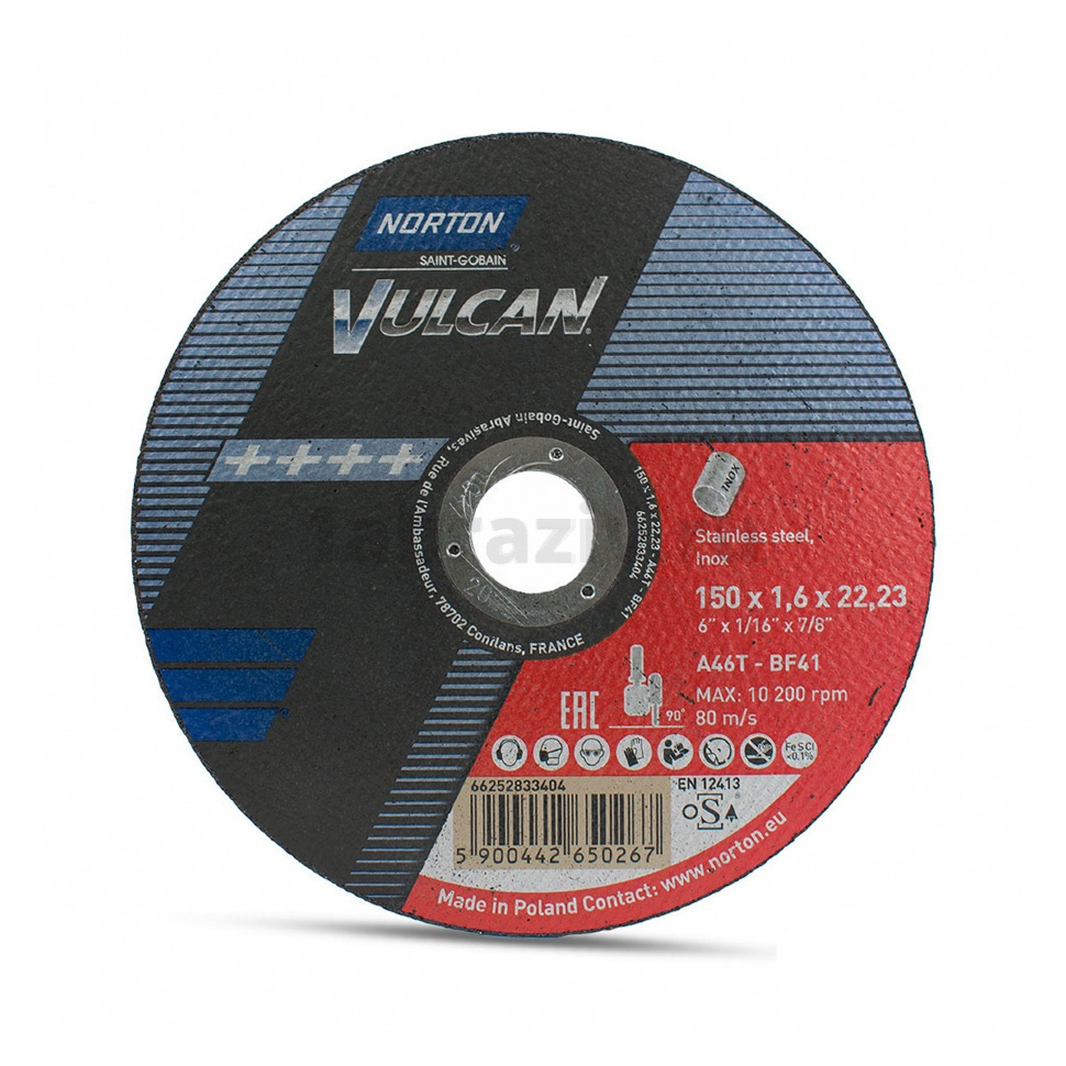 Отрезной диск Norton Vulcan Inox 150x1.6x22.23 A46T BF41, 80 м/с, диск для нержавеющей стали, 66252833404