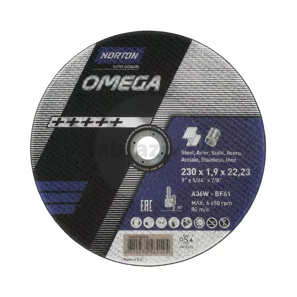 Отрезной диск Norton Omega 230x1.9x22.23 A36W BF41, 80 м/с, 66253370036