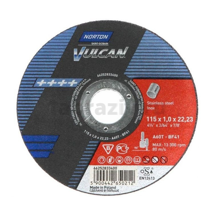 Отрезной диск Norton Vulcan Inox 115x1.0x22.23 A60T BF41, 80 м/с, для нержавеющей стали, 66252833400