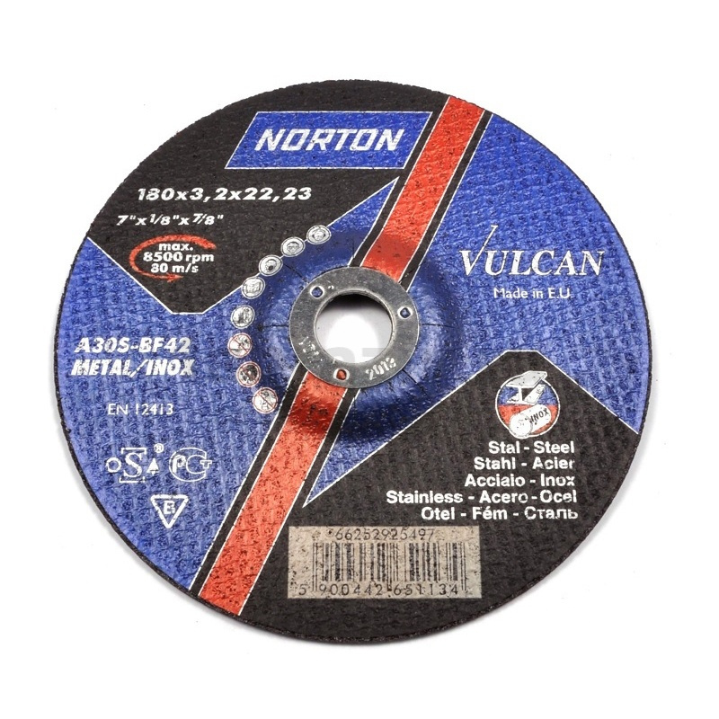 Отрезной диск Norton Vulcan 180x3.2x22.23 A30S T42, 80 м/с, по металлу и нержавеющей стали, 66252925497