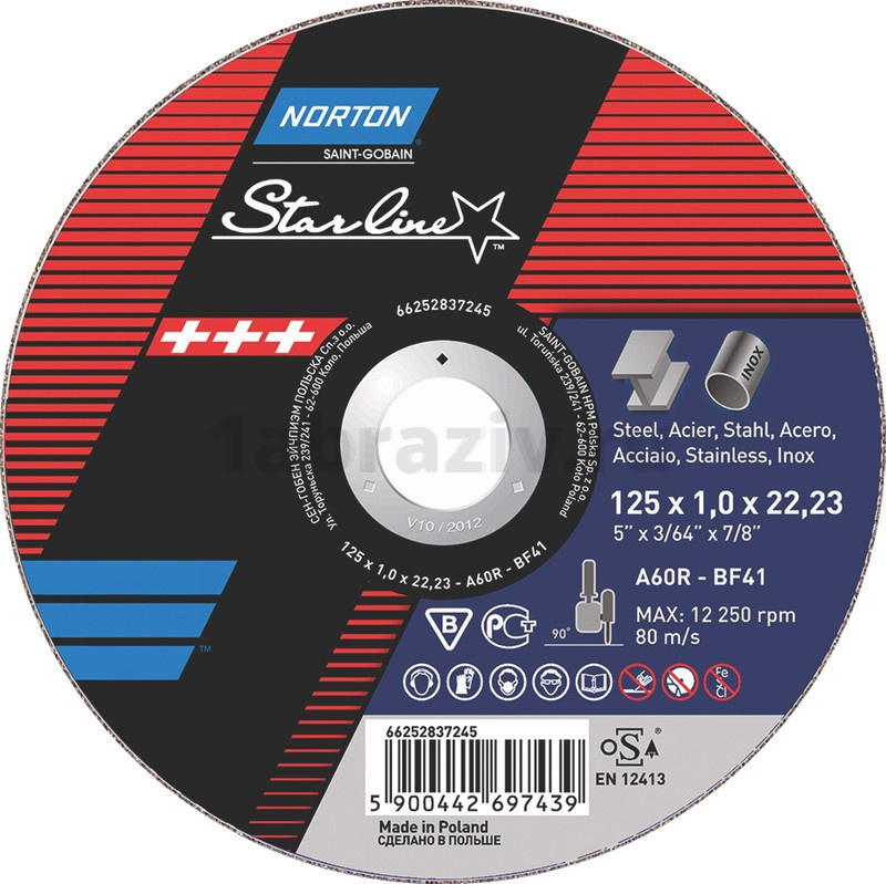Отрезной диск Norton StarLine 115x2.5x22.23 T41 A30P, 80 м/с, для металла, 66252837249