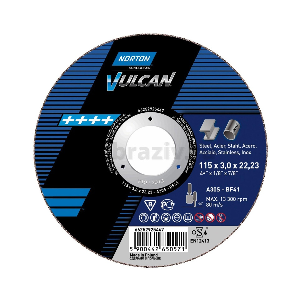Отрезной диск Norton Vulcan 115x3.0x22.23, 80 м/с, по металлу и нержавеющей стали, 66252925447