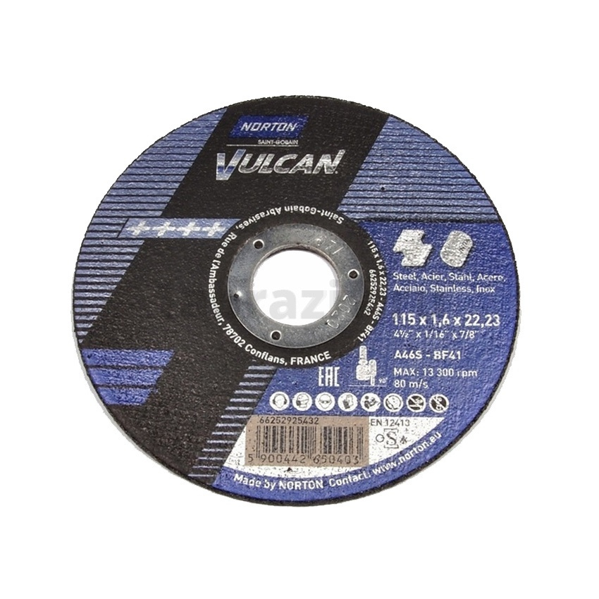 Отрезной диск Norton Vulcan 115x1.6x22.23 A46S BF41, 80 м/с, по металлу и нержавеющей стали, 6625292