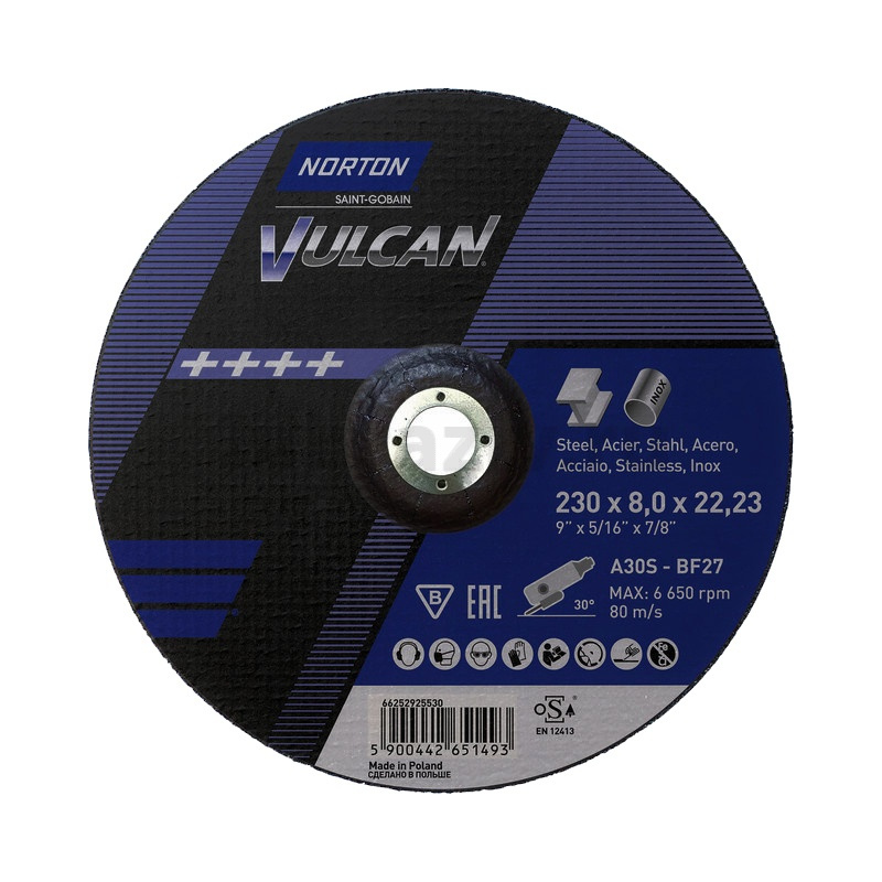 Зачистной круг Norton Vulcan FastCut 230х8.0х22.23 A30S BF27, 80 м/с, для металла и нержавеющей стали 66252925530