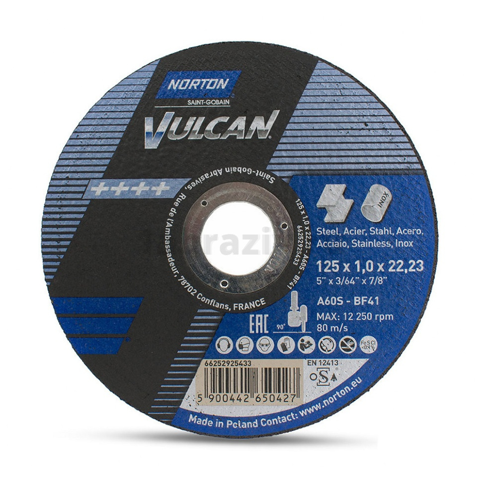 Отрезной диск Norton Vulcan 125x1.0x22.23 BF41 A60S, 80 м/с, по металлу и нержавеющей стали, 66252925433