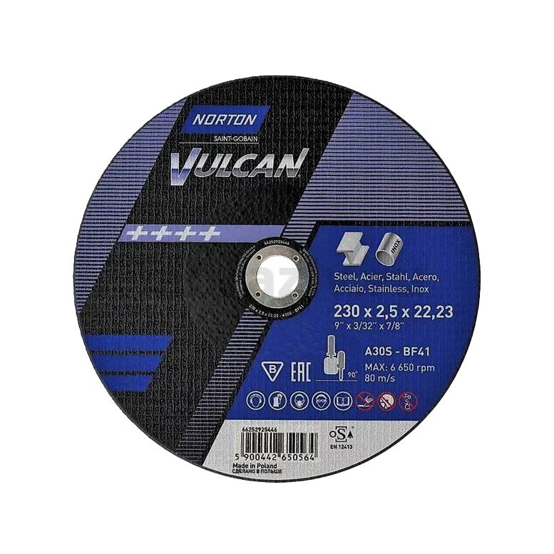 Отрезной диск Norton Vulcan 230x2.5x22.23 BF41 A30S, 80 м/с, по металлу и нержавеющей стали, 6625292