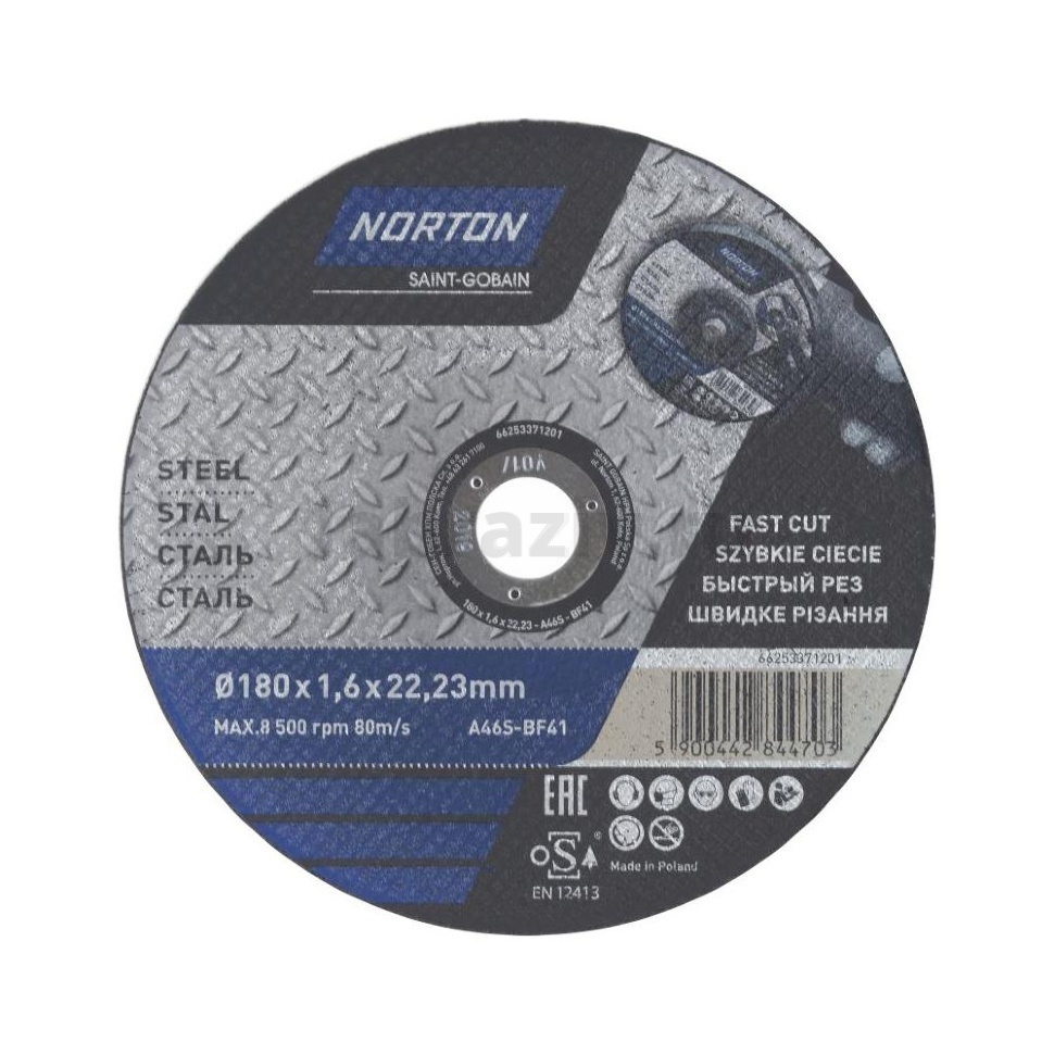 Отрезной диск Norton Vulcan 180x2.0x22.23, 80 м/с, по металлу и нержавеющей стали, 66252925440
